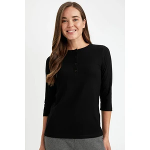 Siyah Regular Fit Bisiklet Yaka Fitilli Kaşkorse Düğmeli Yarım Kollu Basic Düz Tişört D7491AX24AU