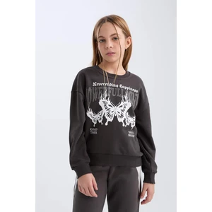 Kız Çocuk Oversize Geniş Kalıp Bisiklet Yaka Baskılı Sweatshirt D4386A824WN