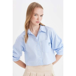 Coool Oversize Geniş Kalıp Basic Düz Cepli Oxford Uzun Kollu Crop Gömlek D4031AX24AU