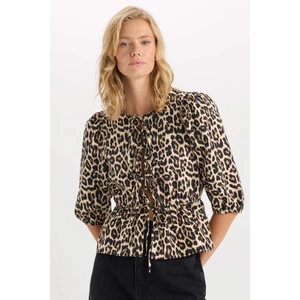 Fitted Yuvarlak Yaka Leopar Desenli Önü Bağlamalı Poplin Uzun Kollu Bluz E1368AX24AU