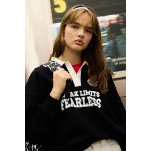 Coool Oversize Geniş Kalıp Polo Yaka Düğmeli Baskılı Siyah Sweatshirt D6693AX24WN