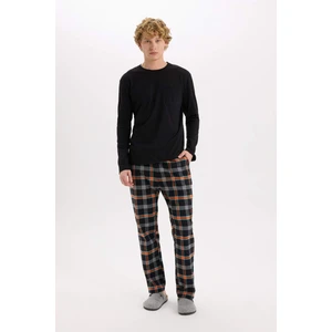 Regular Fit Pijama Takımı Bisiklet Yaka Basic Düz Uzun Kollu Üst Kareli Uzun Alt C6122AX24WN
