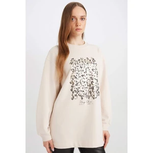 Relax Fit Bisiklet Yaka Parlak Baskılı İçi Yumuşak Tüylü İnce Sweatshirt Tunik D7445AX24WN
