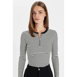 Slim Fit Dar Kesim Bisiklet Yaka Yarım Fermuarlı Çizgili Fitilli Kaşkorse Uzun Kollu Tişört D6104AX24AU