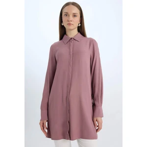 Relax Fit Gömlek Yaka Yandan Bağlamalı Uzun Kollu Basic Düz Gömlek Tunik