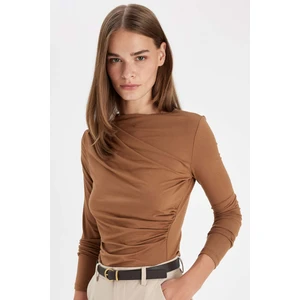 Slim Fit Dar Kesim Kayık Yaka Basic Düz Uzun Kollu Bluz D5300AX24AU