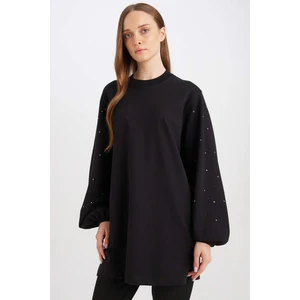 Regular Fit Bisiklet Yaka Balon Kollu Taşlı Uzun Kollu Sweatshirt Tunik D4803AX24AU