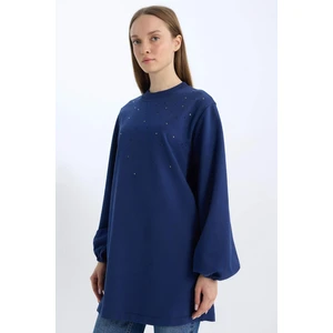 Bisiklet Yaka Balon Kollu Taşlı Uzun Kollu Sweatshirt Tunik D4802AX24AU
