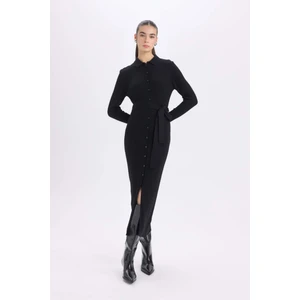 Fitted Vücudu Saran Gömlek Yaka Basic Düz Uzun Kollu Midi Elbise D8595AX24WN