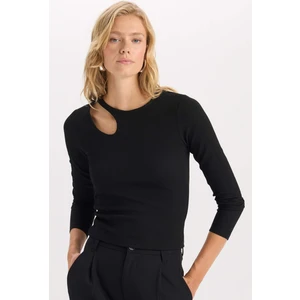 Slim Fit Dar Kesim Bisiklet Yaka Basic Düz Simli Kumaş Uzun Kollu Tişört D5114AX24AU