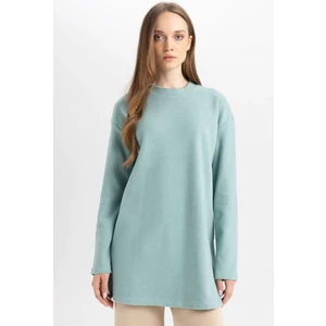 Regular Fit Bisiklet Yaka Selanik Kumaş Uzun Kollu Basic Düz Tişört Tunik B3552AX24AU