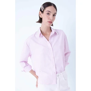 Oversize Geniş Kalıp Çizgili Yaka Boncuklu Oxford Uzun Kollu Gömlek B9322AX24AU