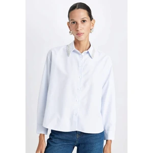 Oversize Geniş Kalıp Çizgili Yaka Boncuklu Oxford Uzun Kollu Gömlek B9322AX24AU
