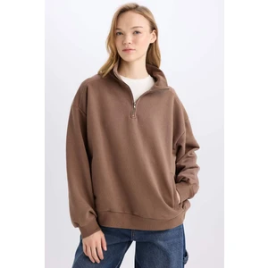 Oversize Geniş Kalıp Fermuarlı Dik Yaka Cepli Basic Düz Kalın Sweatshirt D7206AX24WN