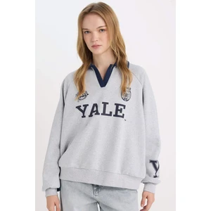 Yale University Oversize Geniş Kalıp Polo Yaka Baskılı Kalın Sweatshirt D7001AX24WN