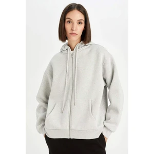 Gri Okula Dönüş Relax Fit Kapüşonlu Kalın Basic Düz Cepli Fermuarlı Sweatshirt D8717AX24WN
