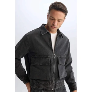 %100 Pamuk Relax Fit Polo Yaka Fermuarlı Cepli Yıkamalı Jean Ceket D5092AX24AU