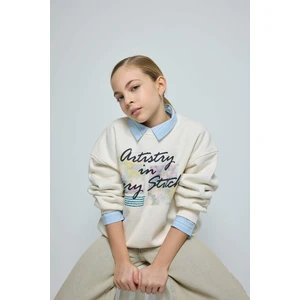 Kız Çocuk Oversize Geniş Kalıp Bisiklet Yaka Baskılı İçi Yumuşak Tüylü Sweatshirt D4297A824WN