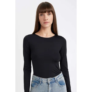 Siyah Slim Fit Dar Kesim Bisiklet Yaka Basic Düz Uzun Kollu Tişört D3756AX24WN