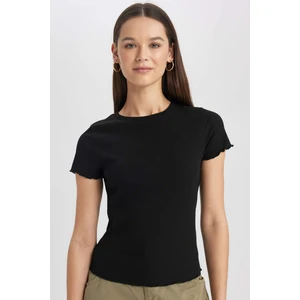 Fitted Bisiklet Yaka Fitilli Kaşkorse Basic Düz Kısa Kollu Siyah Tişört K7064AZ24SM