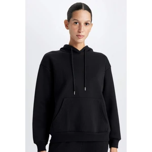 Relax Fit Kapüşonlu Kanguru Cepli Kalın Basic Düz Siyah Sweatshirt W1240AZ24WN