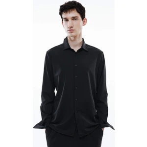Slim Fit Dar Kesim Polo Yaka Esnek Kumaş Basic Düz Uzun Kollu Siyah Gömlek B6491AX24SP