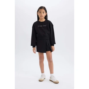 Kız Çocuk 2'li Takım Uzun Kollu Baskılı İçi Yumuşak Tüylü Sweatshirt Şort Etek D5460A824WN