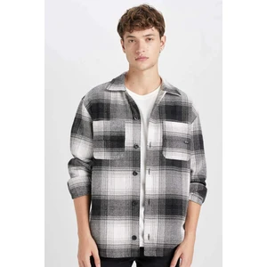 Siyah Relax Fit Polo Yaka Kareli Oduncu Flanel Uzun Kollu Gömlek Ceket D4281AX24AU