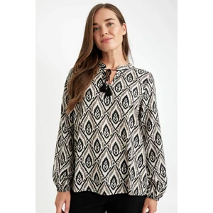 Regular Fit Apaş Yaka Desenli Viskon Uzun Kollu Bluz D3752AX24AU