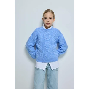 Kız Çocuk Bisiklet Yaka Saç Örgülü Triko Kazak D1361A824WN