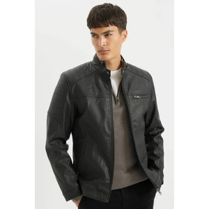 Slim Fit Suni Deri Mont Ceket Dar Kesim Dik Yaka Fermuarlı Cepli Mevsimlik D4918AX24AU