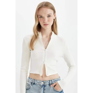 Fitted Dik Yaka Basic Düz Fermuarlı Fitilli Kaşkorse Crop Beyaz Hırka D5124AX24AU