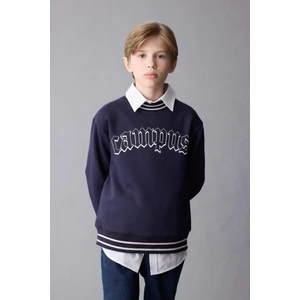 Erkek Çocuk Lacivert Oversize Geniş Kalıp Bisiklet Yaka Baskılı Kalın Sweatshirt D1911A824WN