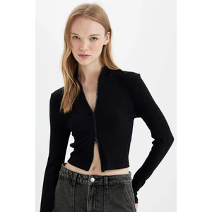 Fitted Dik Yaka Basic Düz Fermuarlı Fitilli Kaşkorse Crop Siyah Hırka D5124AX24AU