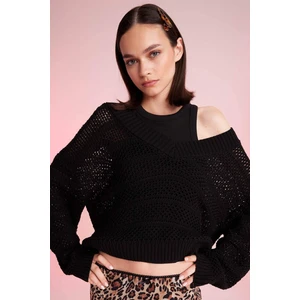 Regular Fit V Yaka Kroşe Siyah Triko Kazak D4633AX24AU