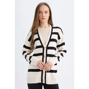 Regular Fit V Yaka Çizgili Düğme Kapmalı Tunik Triko Hırka D2445AX24WN