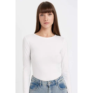 Beyaz Slim Fit Dar Kesim Bisiklet Yaka Basic Düz Uzun Kollu Tişört D3756AX24WN