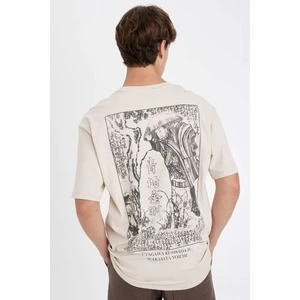 %100 Pamuk Utagawa Kunisada Boxy Fit Bisiklet Yaka Sırt Baskılı Kısa Kollu Tişört C9124AX24AU