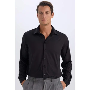 Slim Fit Dar Kesim Polo Yaka Uzun Kollu Siyah Gömlek D4525AX24AU