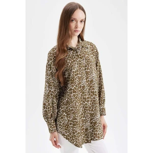 Regular Fit Gömlek Yaka Leopar Desenli Uzun Kollu Gömlek Tunik D4097AX24AU