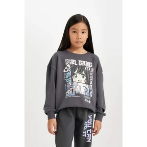 Kız Çocuk Antrasit Oversize Geniş Kalıp Bisiklet Yaka Baskılı Sweatshirt D0610A824AU