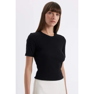 Siyah Slim Fit Dar Kesim Bisiklet Yaka Fitilli Kaşkorse Basic Düz Kısa Kollu Siyah Tişört C0097AX24AU