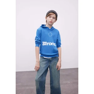 Erkek Çocuk Mavi Yazı Baskılı Cepli Kapüşonlu Okul Sweatshirt C7558A824AU