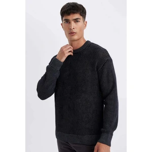 %100 Pamuk Relax Fit Bisiklet Yaka Dokulu Triko Kazak D2061AX24AU