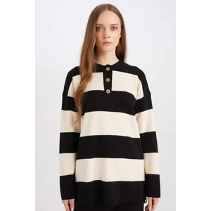 Regular Fit Polo Yaka Düğmeli Çizgili Triko Kazak Tunik D2442AX24WN