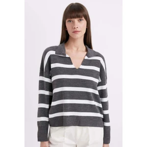 Relax Fit Polo Yaka Çizgili Triko Kazak