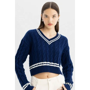 Coool Regular Fit V Yaka Saç Örgülü Çizgi Triko Kazak C7321AX24WN