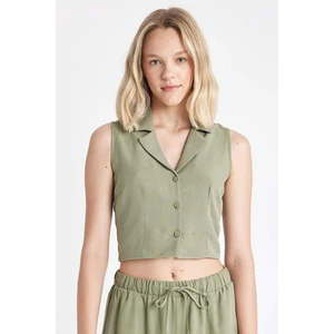 Fitted Pijama Yaka Keten Karışımlı Kolsuz Gömlek A6858AX24HS