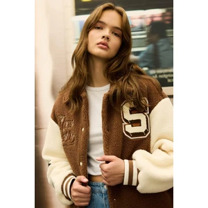 Coool Oversize Geniş Kalıp Pelüş Bomber Mont Ceket Polo Yaka Nakışlı Çıtçıtlı Cepli C8003AX24WN