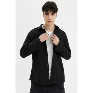 Slim Fit Dar Kesim Pamuklu Basic Düz Uzun Kollu Siyah Gömlek A4644AX24AU